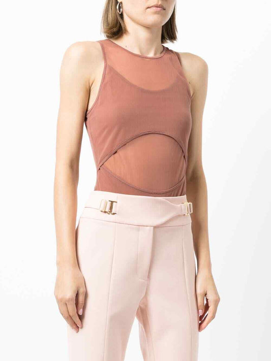 DION LEE NEW Shadow Overlay Mesh Brick Pink Sleeveless Cut Out Top Bodysuit 4/0