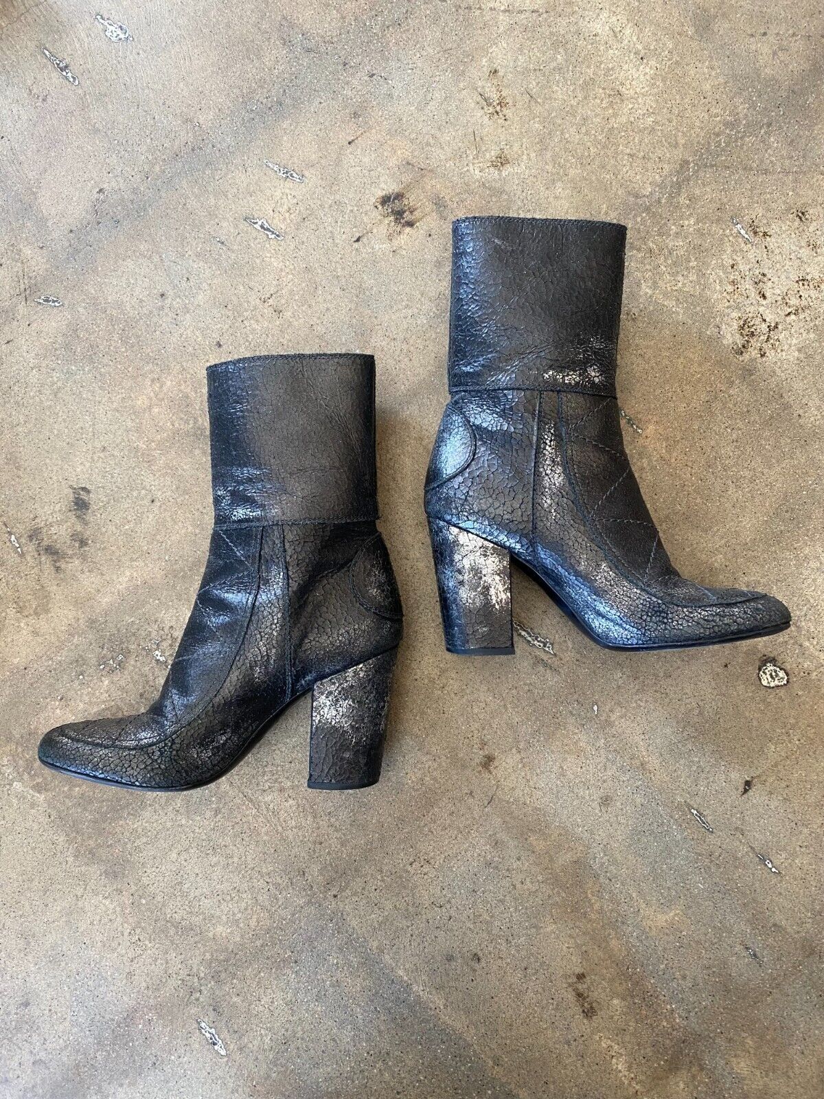 LAURENCE DACADE Merli Silver Metallic Crackle Leather Buckle Ankle Heel Boots 37