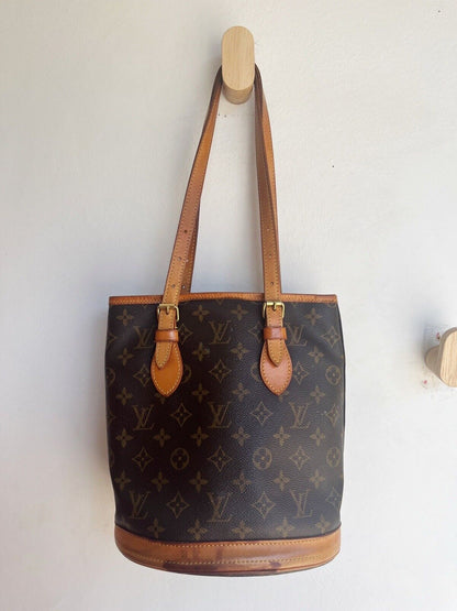 LOUIS VUITTON Petit Bucket Brown Canvas Leather Monogram Shoulder Bag Tote Purse