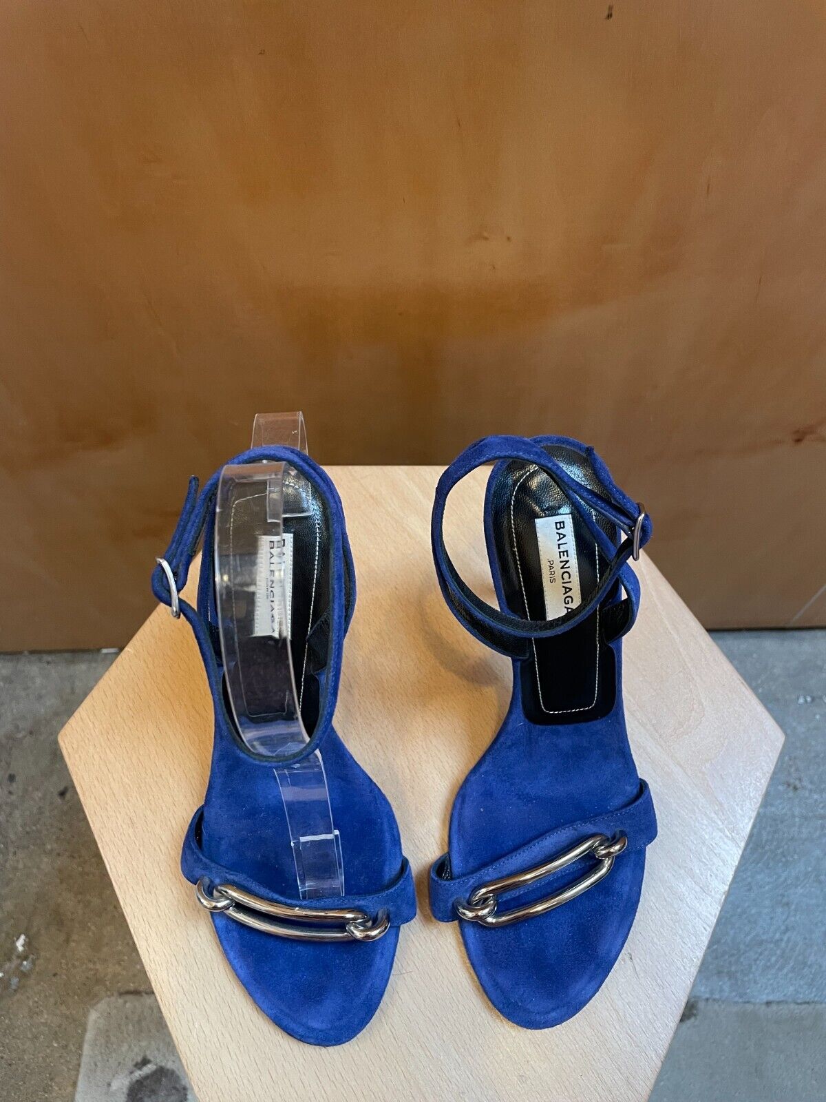 BALENCIAGA Blue Suede Silver Buckle Strappy Open Toe Stiletto Sandal Heel 37.5