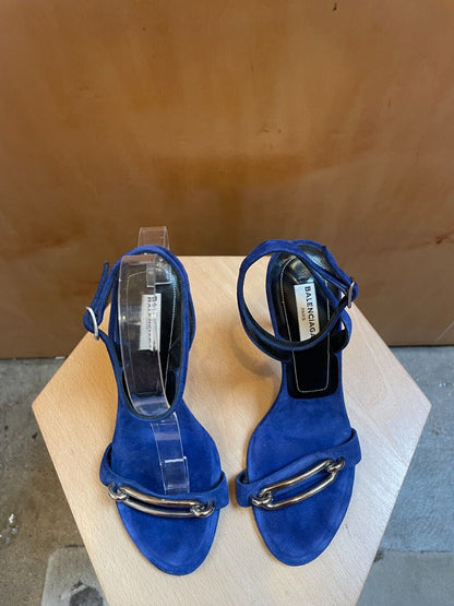 BALENCIAGA Blue Suede Silver Buckle Strappy Open Toe Stiletto Sandal Heel 37.5