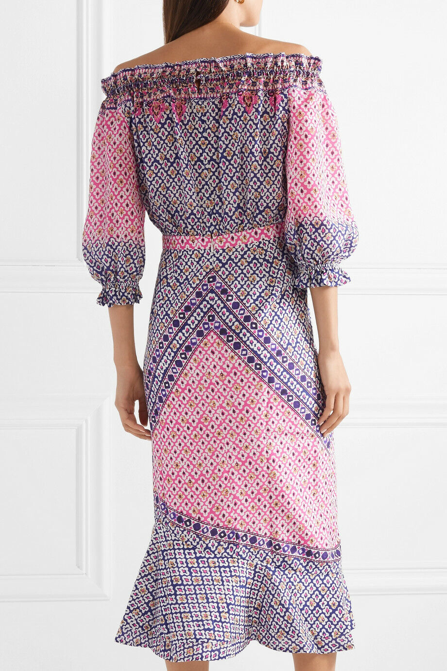 SALONI NWT Grace Pink Purple Paisley-Block Print Silk Off Shoulder Midi Dress 0
