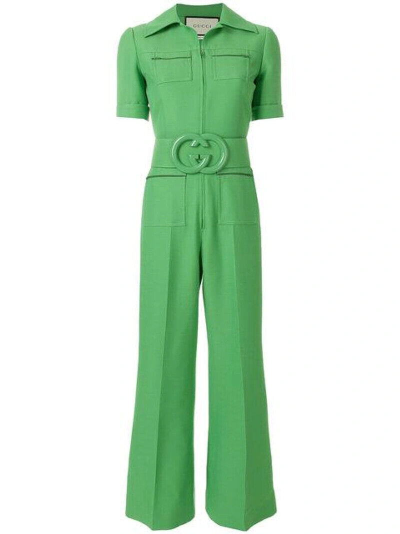 GUCCI Spring 18 Runway Cady Green Silk Wool Short Sleeve Belted Jumpsuit 38/2/0