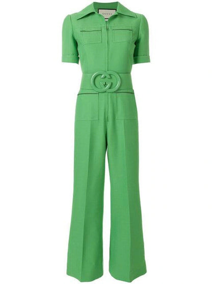 GUCCI Spring 18 Runway Cady Green Silk Wool Short Sleeve Belted Jumpsuit 38/2/0