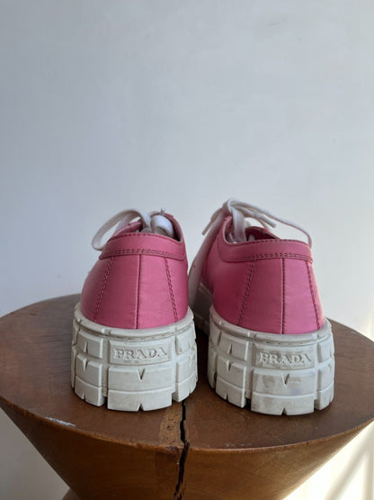 PRADA Double Wheel Gabardine Begonia Pink Nylon Platform Lug Sole Sneaker 38