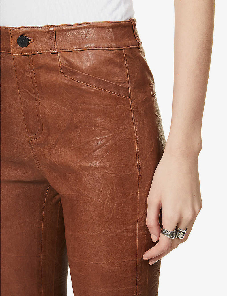 PAIGE NEW Constance Split-Hem Cognac Brown Skinny Mid Rise Leather Trousers 24
