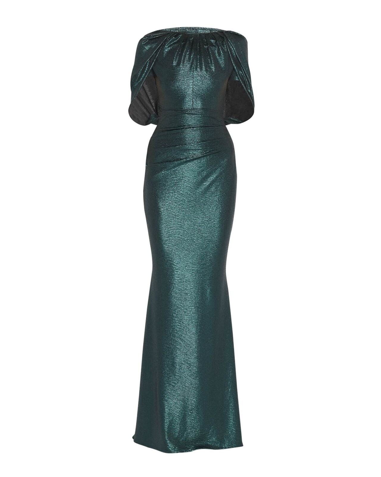 TALBOT RUNHOF $2200 Emerald Green Metallic Mirrorball Capelet Maxi Gown Dress 2
