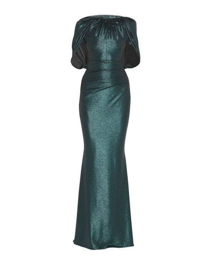 TALBOT RUNHOF $2200 Emerald Green Metallic Mirrorball Capelet Maxi Gown Dress 2