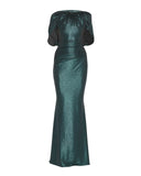 TALBOT RUNHOF $2200 Emerald Green Metallic Mirrorball Capelet Maxi Gown Dress 2