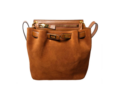 TOM FORD Natasha Brown Caramel Tan Suede Leather Pad Lock Bag Purse Backpack