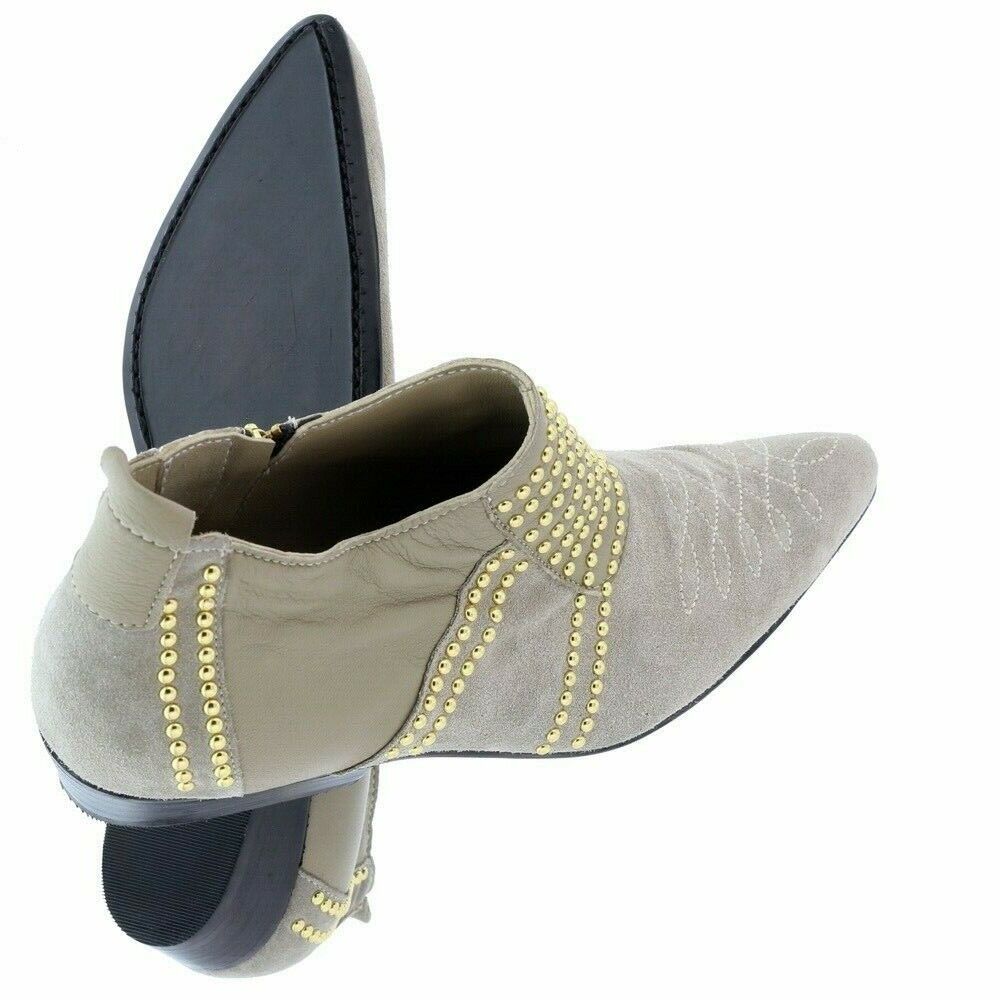 ANINE BING Charlie Low Grey Suede Gold Studded Point Toe Side Zip Shoe 37/7