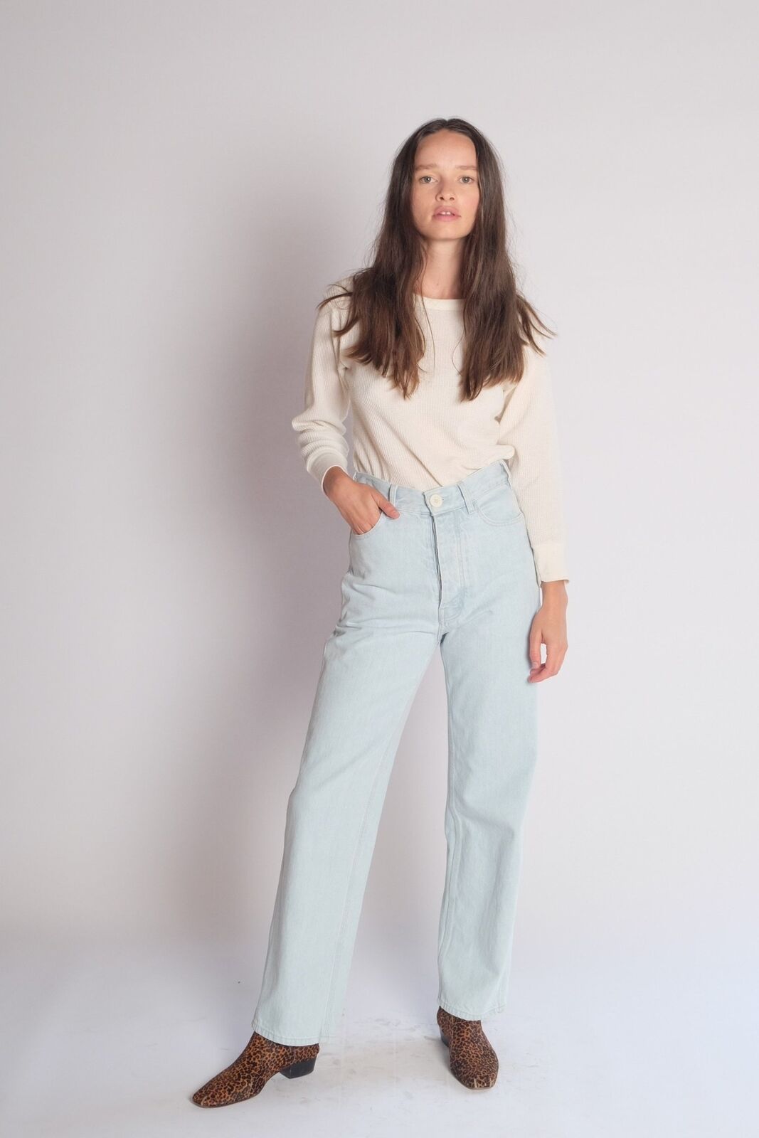 JESSE KAMM 225's Light Pale Blue High Waist Straight Slim Leg Denim Pant 0