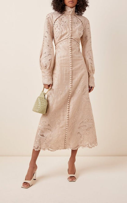 ZIMMERMANN $2875 Super Eight Embroidered Bone Beige Linen Silk Midi Gown Dress 0