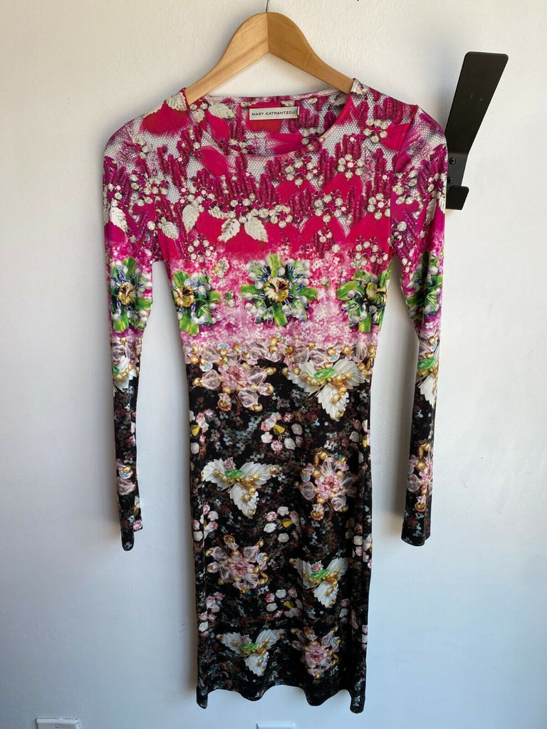 MARY KATRANTZOU NEW Fuschia Pink Black Floral Jewel Print Silk LS Mini Dress S