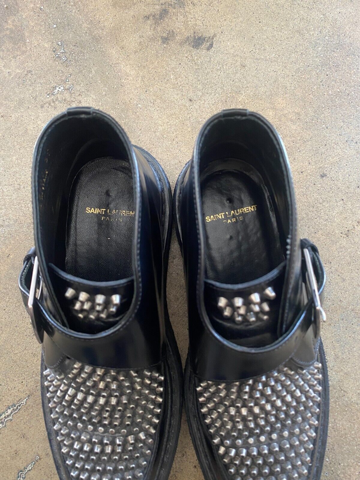 YVES SAINT LAURENT YSL Black Leather Silver Stud Monkstrap Creeper Flat Boot 35