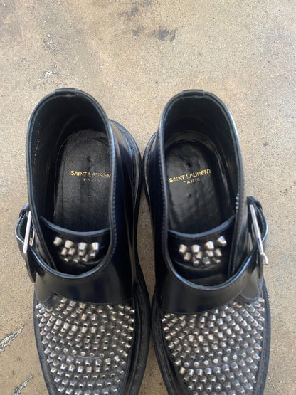 YVES SAINT LAURENT YSL Black Leather Silver Stud Monkstrap Creeper Flat Boot 35