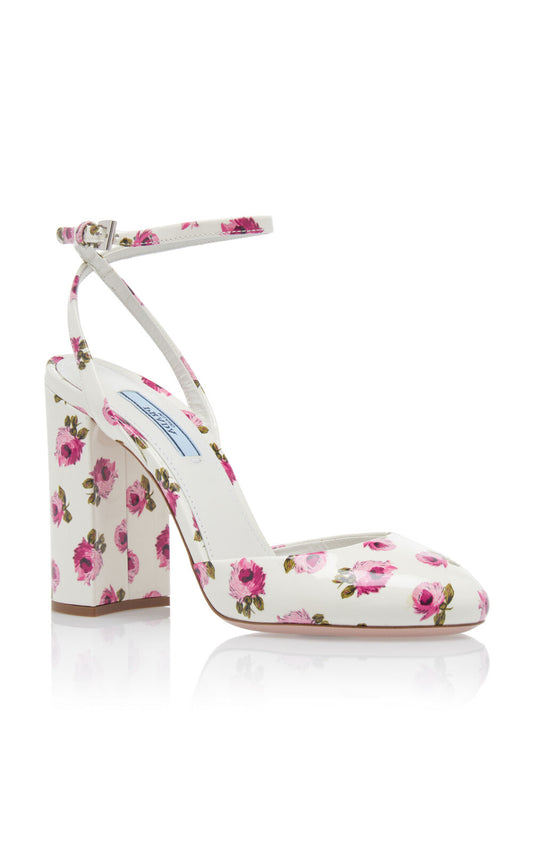 PRADA White Patent Leather Rose Floral Print Ankle Mary Jane Heel Shoe Pump 39