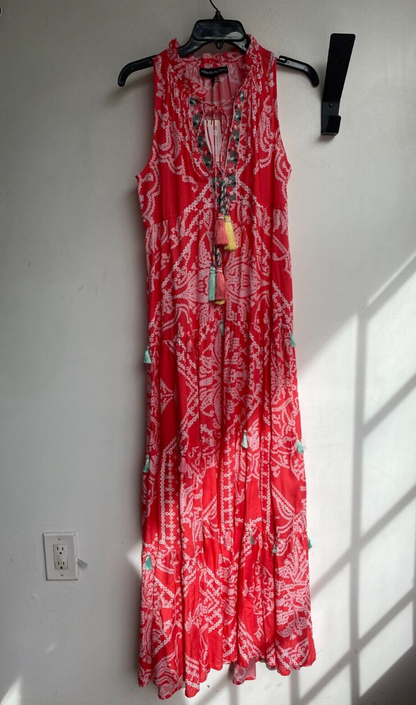 HEMANT & NANDITA NWT Native Coral Red Pink Print Beaded Tassel Maxi Dress S