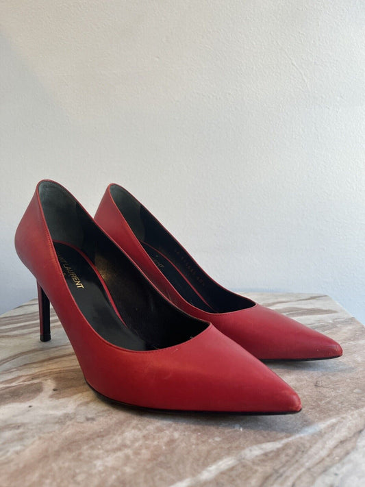 SAINT LAURENT Zoe Lipstick Red Leather 150mm Stiletto Heel Pointed Toe Pump 40.5