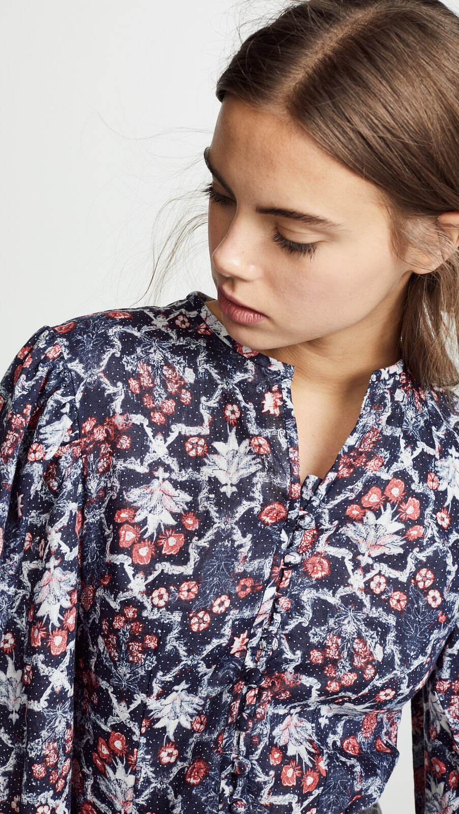 ISABEL MARANT 400 Tilo Linen Midnight Blue Red Floral Print Mandarin Blouse 34/2