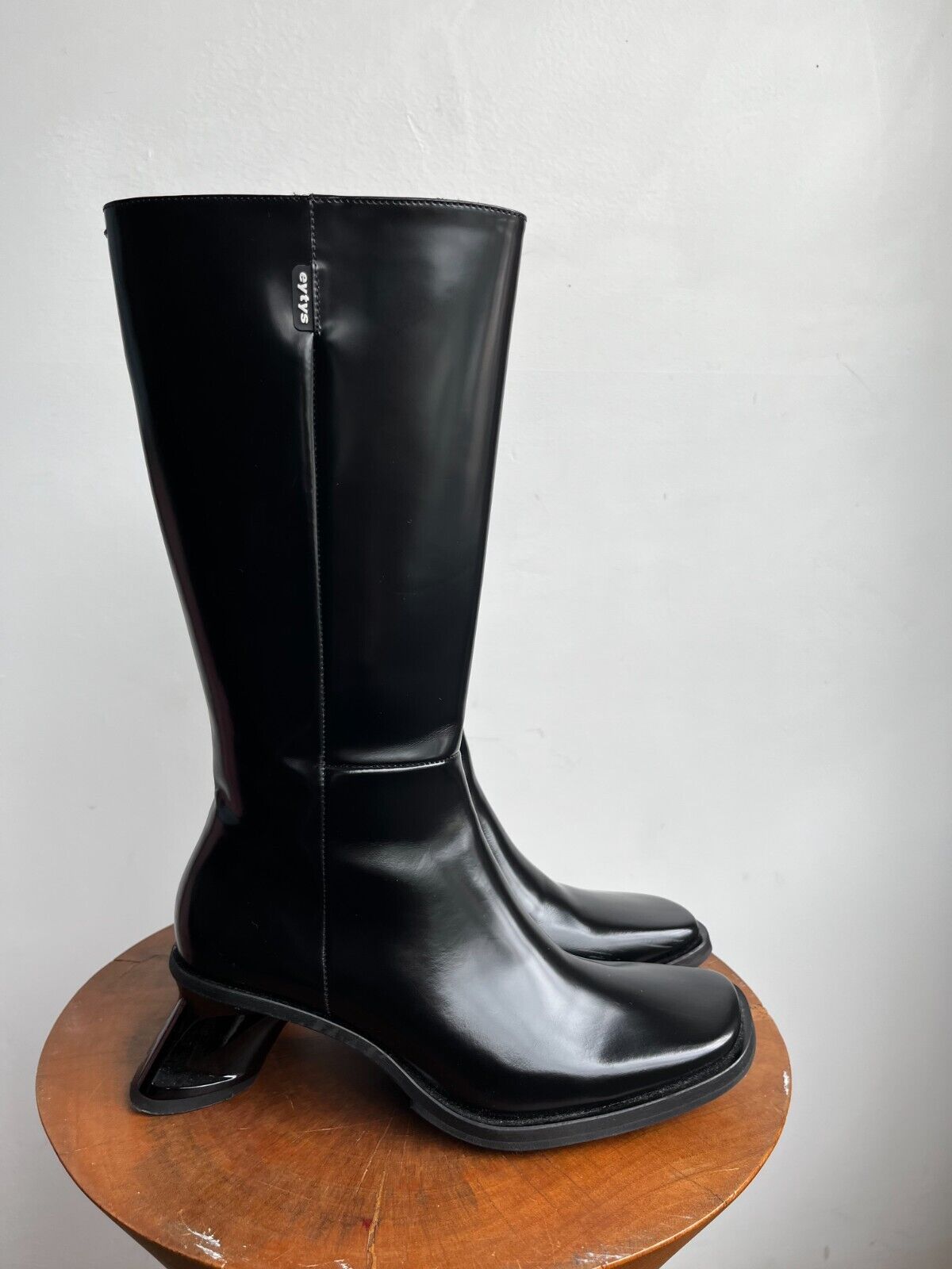 EYTYS Nova Black Patent Leather Square Toe Slant Heel Knee Calf High Boot 36
