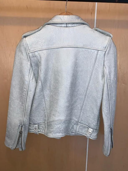 IRO Silver Metallic Iridescent Leather Asymmetric Zip Biker Moto Jacket 36/4/2