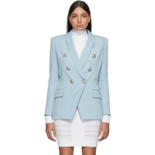 BALMAIN NEW $2500 Light Steel Pastel Blue Double Breasted Jacket Blazer 34/0