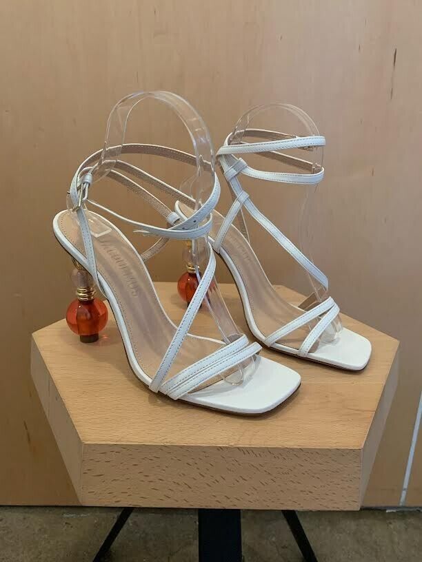 JACQUEMUS $750 Bordighera White Leather LaceUp Strappy 80mm Sandal Heel 37/7/6.5