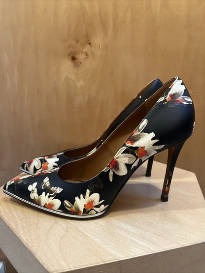 GIVENCHY Black Multi Floral Print Leather Pointed Metal Cap Toe Stiletto Pump 38