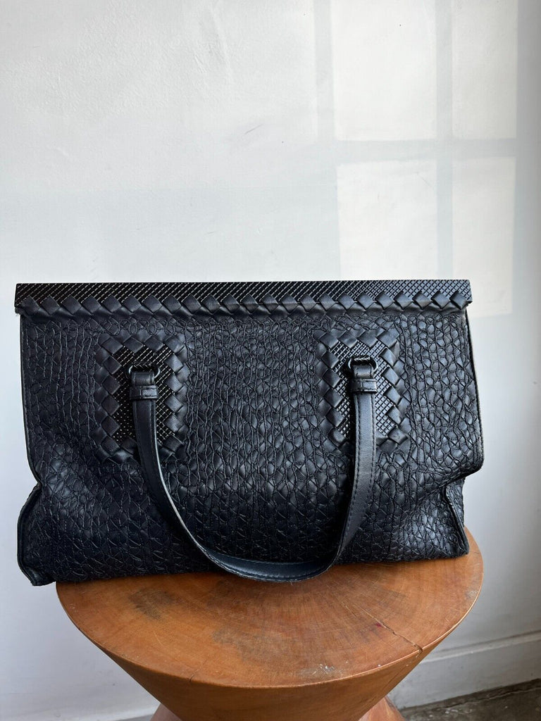 BOTTEGA VENETA Tricot Intrecciato Black Leather Raffia Medium Hand Bag Purse