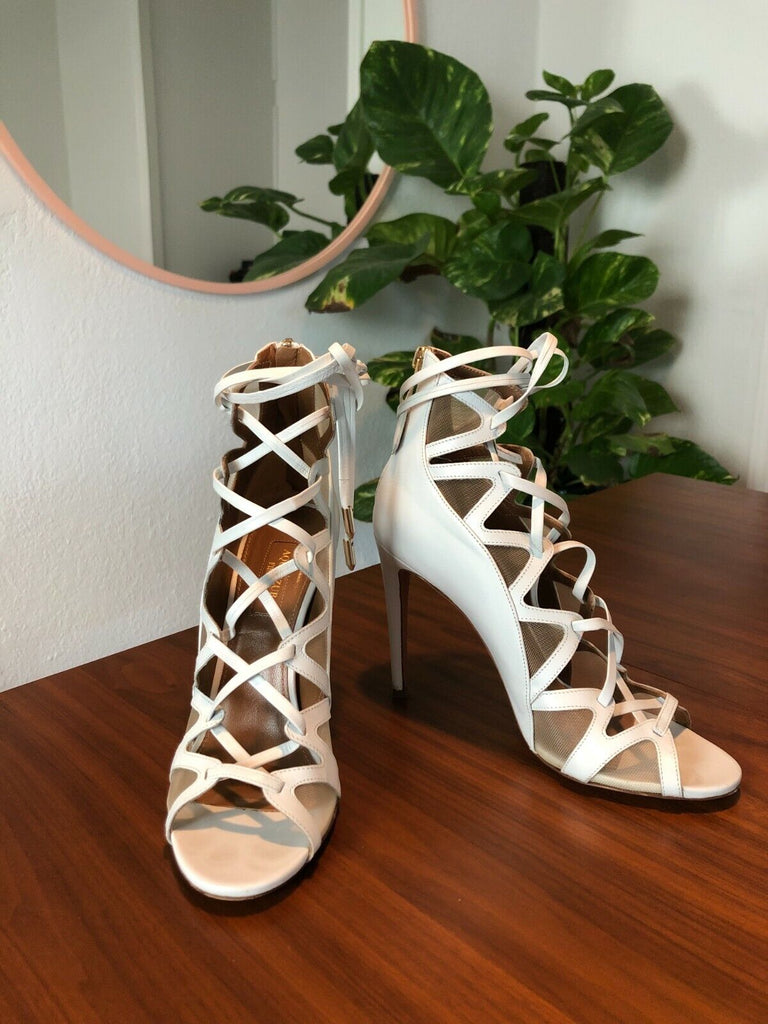 AQUAZZURA	French Lover Bridal White Leather Mesh Lace Up Stiletto Heels 37.5/7.5