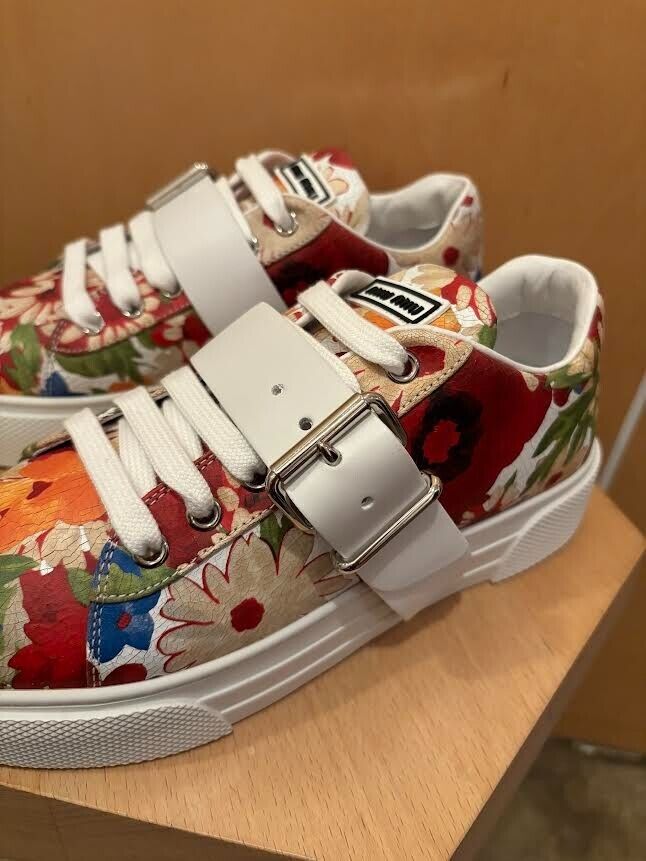 MIU MIU White Multicolor Floral Print Strap Buckle Leather Trainer Sneaker 37/7