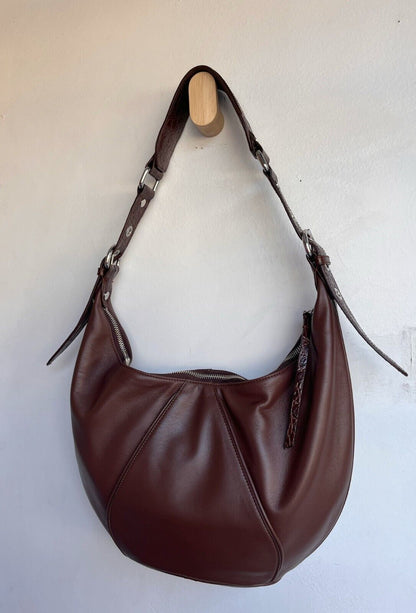 BY FAR Story Dark Brown Embossed Croc Alligator Leather Boho Shoulder Bag Purse