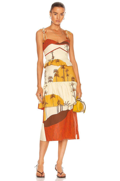 JOHANNA ORTIZ NWT Mountain Woman Ecru Beige Red Sleeveless Tiered Midi Dress 2