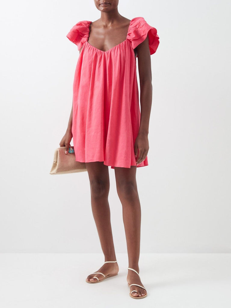 LA LIGNE Emily Pink Linen Ruffle Strap Puff Strap V-Neck Tunic Mini Dress XS
