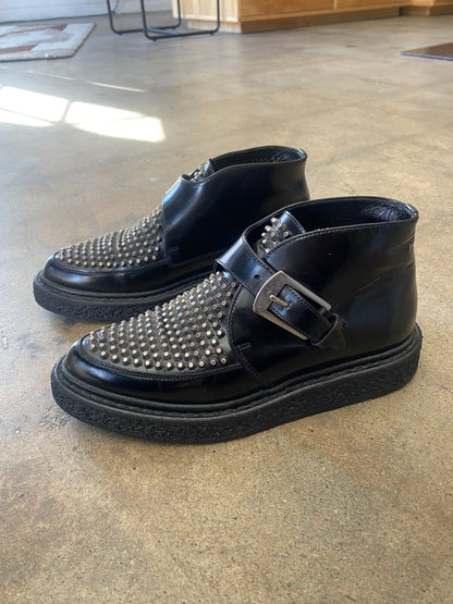 YVES SAINT LAURENT YSL Black Leather Silver Stud Monkstrap Creeper Flat Boot 35