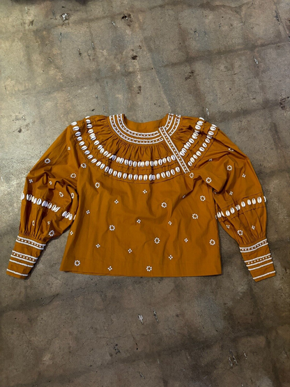 ULLA JOHNSON Tana Ochre Mustard Brown Shell Sequin Embellished Long Sleeve Top 0
