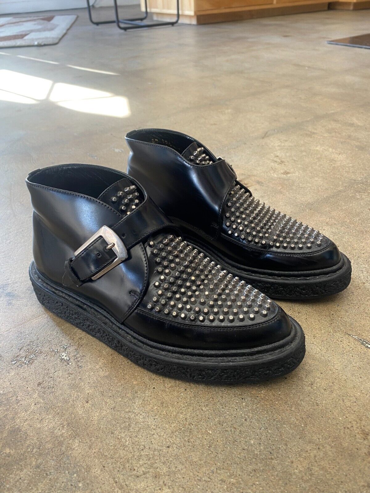 YVES SAINT LAURENT YSL Black Leather Silver Stud Monkstrap Creeper Flat Boot 35