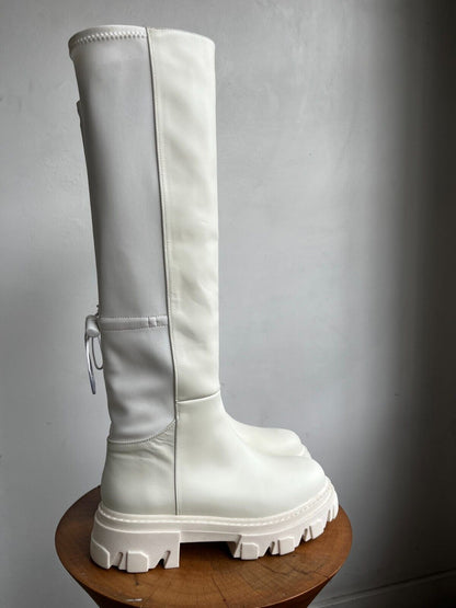 GIA BORGHINI Gia 12 White Ivory Leather Fabric Knee Thigh High Platform Boots 38