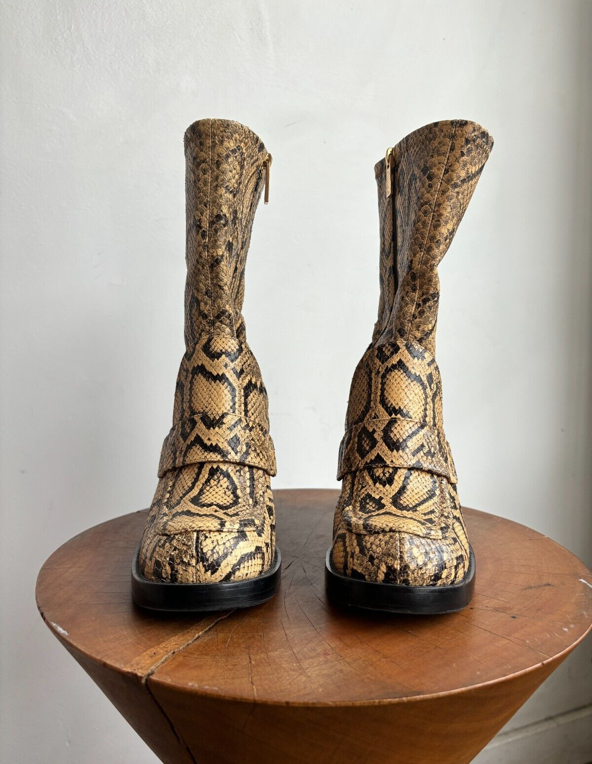 CHLOE Adelie Snakeskin Print Python Brown Beige Leather Ankle Calf Boots 37.5
