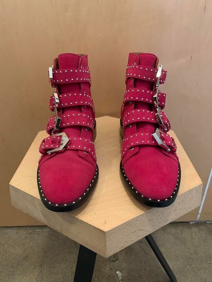 GIVENCHY Fuchsia Pink Bottine Elegant Studded Leather Ankle Moto Biker Boots 35