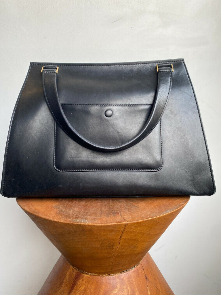 CELINE Edge Bi Cabas Black Leather Beige Canvas Fabric Shoulder Handle Bag Purse