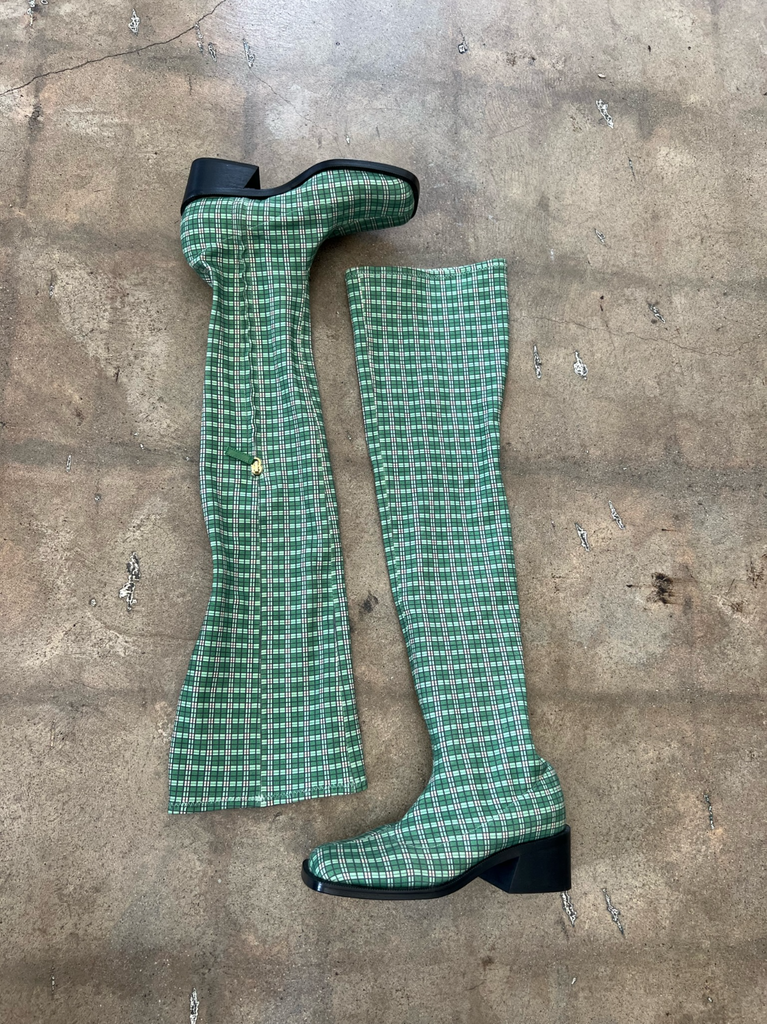 SUZANNE RAE NEW Green Plaid Tartan Print Over The Knee Thigh High Sock Boot 35