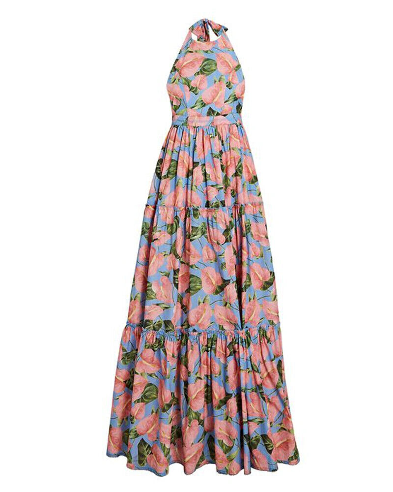 AGUA BY AGUA BENDITA Naranja Anturios Blue Pink Floral Print Halter Maxi Dress S