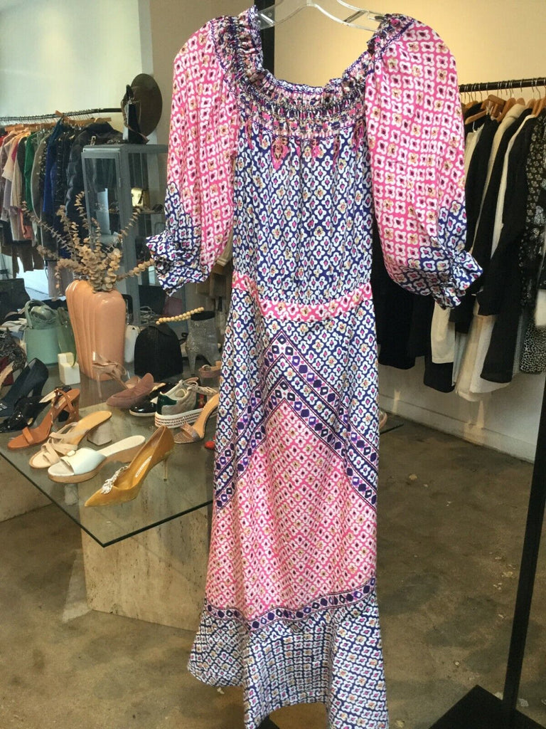 SALONI NWT Grace Pink Purple Paisley-Block Print Silk Off Shoulder Midi Dress 0