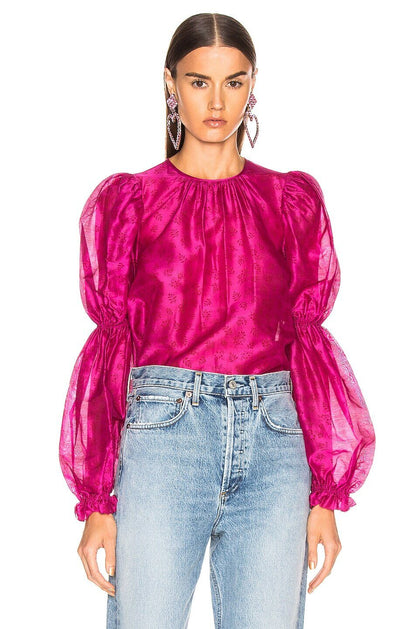 ULLA JOHNSON Aster Fuchsia Bright Pink Silk Floral Print Puff Slv Top Blouse 10