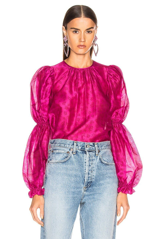 ULLA JOHNSON Aster Fuchsia Bright Pink Silk Floral Print Puff Slv Top Blouse 10