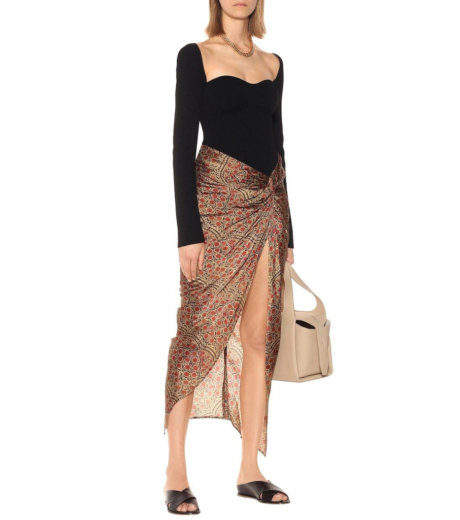 KHAITE NEW $1200 Louie Beige Red Satin Paisley Floral Print Ruched Midi Skirt 0