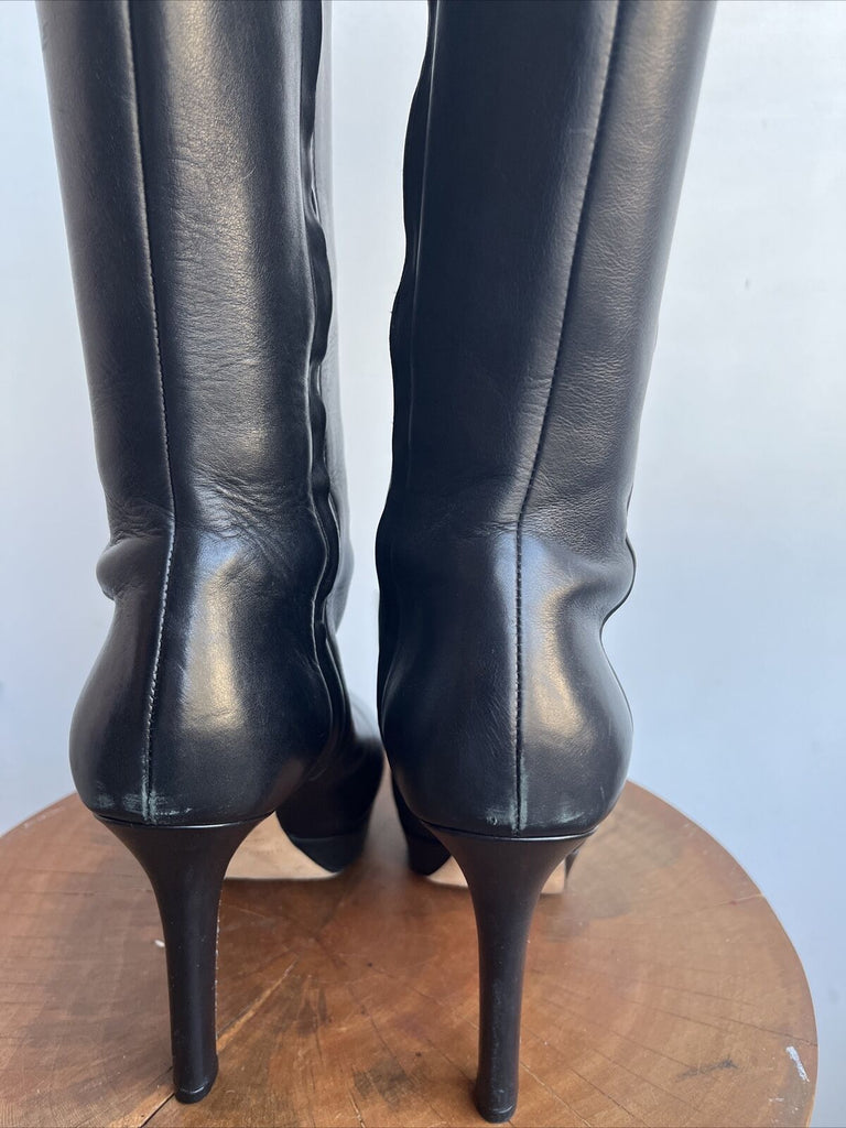 JIMMY CHOO Rare $1,275 Mara Black Leather Platform Knee High Stiletto Boot 39.5