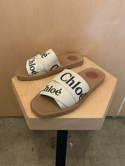 CHLOE Woody Off White Ivory Linen Ribbon Canvas Logo Criss Cross Sandal 37/7